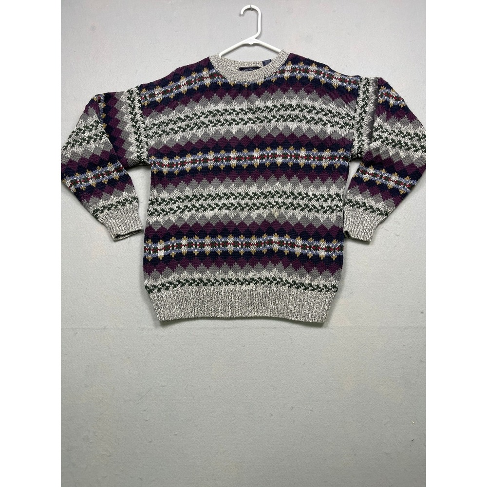 Woods & Gray Sweater 100% Cotton Fair Isle Purple Grey Large Mens